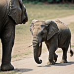 A young elephant calf taking confident steps with its mother in the wild.