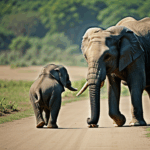 A loving scene of a mother elephant with her baby in the wild.