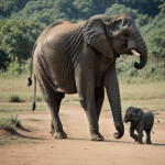 The mother elephant gently guiding her calf through the savannah, illustrating family dynamics in elephants.