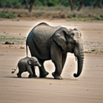 A mother and baby elephant sharing an affectionate moment in nature.