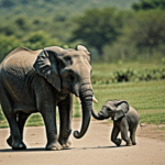 A mother elephant proudly leading her baby through the wild terrain.