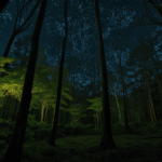 An enchanting forest at night with fireflies glowing under the moonlight, inviting tranquility.