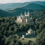 The enchanted fortress on the hilltop, with its ancient stone walls and majestic towers, standing proudly against a backdrop of picturesque landscapes.