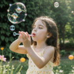 A captivating moment of a girl blowing bubbles in a garden, with sunlight enhancing the vibrant, joyful atmosphere.