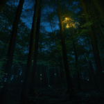 The peaceful glow of fireflies illuminates a moonlit forest, offering tranquility.