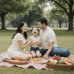 Family members enjoying delicious homemade food during a park picnic.