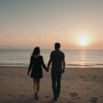 Romantic evening moment as a couple walks at sunset.
