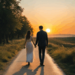 Evening romantic stroll at sunset with a couple walking hand in hand.