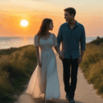 Evening walk filled with love as a couple strolls hand in hand during sunset.