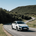An exhilarating car drive, descending a hill with breathtaking views.