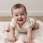 A baby exploring new textures while crawling on a blanket.