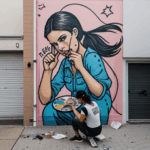 A colorful and creative street art piece transforming a plain urban wall.