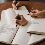 An open journal with expressive writing, highlighting a journey of self-discovery.