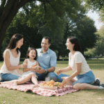 A joyful family sharing laughter and stories in a park setting.