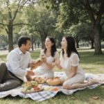 A family enjoying a picnic in the park, surrounded by trees and sunshine.