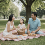A happy family enjoys a picnic in the park with a blanket and basket under the sun.