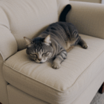 A relaxed feline sprawled on a comfortable armchair, enjoying a nap.