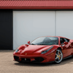 A bright turquoise Ferrari, eye-catching and unique.