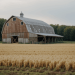 Beautiful field view with a prominently standing rustic barn.