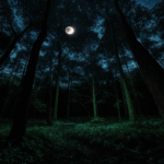 Fireflies cast a magical glow in a moonlit forest, creating an enchanting scene.