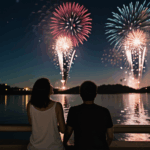 A celebration under the night sky with dazzling fireworks.