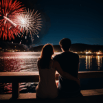 Colorful fireworks bursting in the sky while a couple enjoys the spectacle.