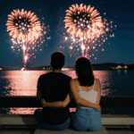 A scene of euphoria as fireworks light up the night sky with vivid colors.