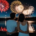 A festive atmosphere with a grand fireworks display lighting up the sky.