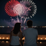 An urban skyline illuminated by a spectacular fireworks show at night.