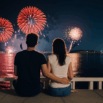 A romantic night enhanced by a colorful fireworks display.