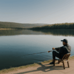 Fishing at dawn by the lake, in a serene and peaceful scene.