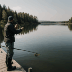 A peaceful fishing scene at the lake, with calm waters and nature's beauty.