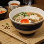 A flavor-packed ramen bowl, steaming with a mix of vibrant and savory ingredients.