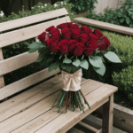 Enchanting rose bouquet artfully placed on a vintage wooden bench.