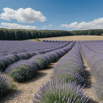 Flower fields of lavender create a stunning view under the expansive blue sky.