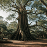 Colossal forest giants standing tall, their ancient trunks covered in lush moss and foliage.