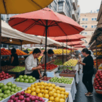 Stalls filled with fresh fruits at a market, showcasing colorful and vibrant produce.