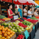 Display of fresh organic fruits at a lively market, showcasing vibrant and colorful produce.