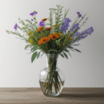 Close-up of fresh wildflowers in various colors, including daisies and buttercups, artfully displayed in a stylish vase.