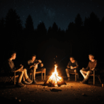 Friends sharing laughs and stories by a warm campfire.