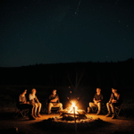 A celebratory campfire moment with friends at night.