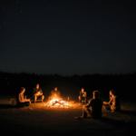 Laughter and warmth shared around a nighttime campfire.