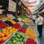 Market experience with vibrant displays of colorful fruits, highlighting fresh and exotic options.