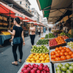 Fruit stalls at a market, displaying a colorful array of fresh and exotic produce.