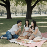 A cheerful family outing in the park with activities and food.