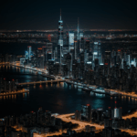 A breathtaking view of a futuristic city skyline illuminated at night, showcasing modern architecture and vibrant city lights.