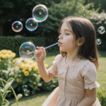 A happy child engaged in bubble blowing in a sunny garden, enveloped by the vibrant colors of nature.