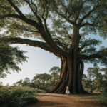 A majestic giant tree towering in an enchanted forest, its branches creating a magical canopy.