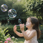 A young girl joyfully blowing bubbles in a sunny garden, surrounded by vibrant greenery and filled with childlike wonder.