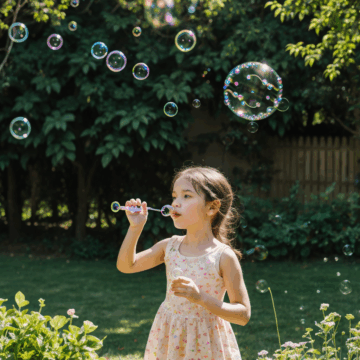 Girl Blowing Bubbles in a Sunny Garden Adventure
